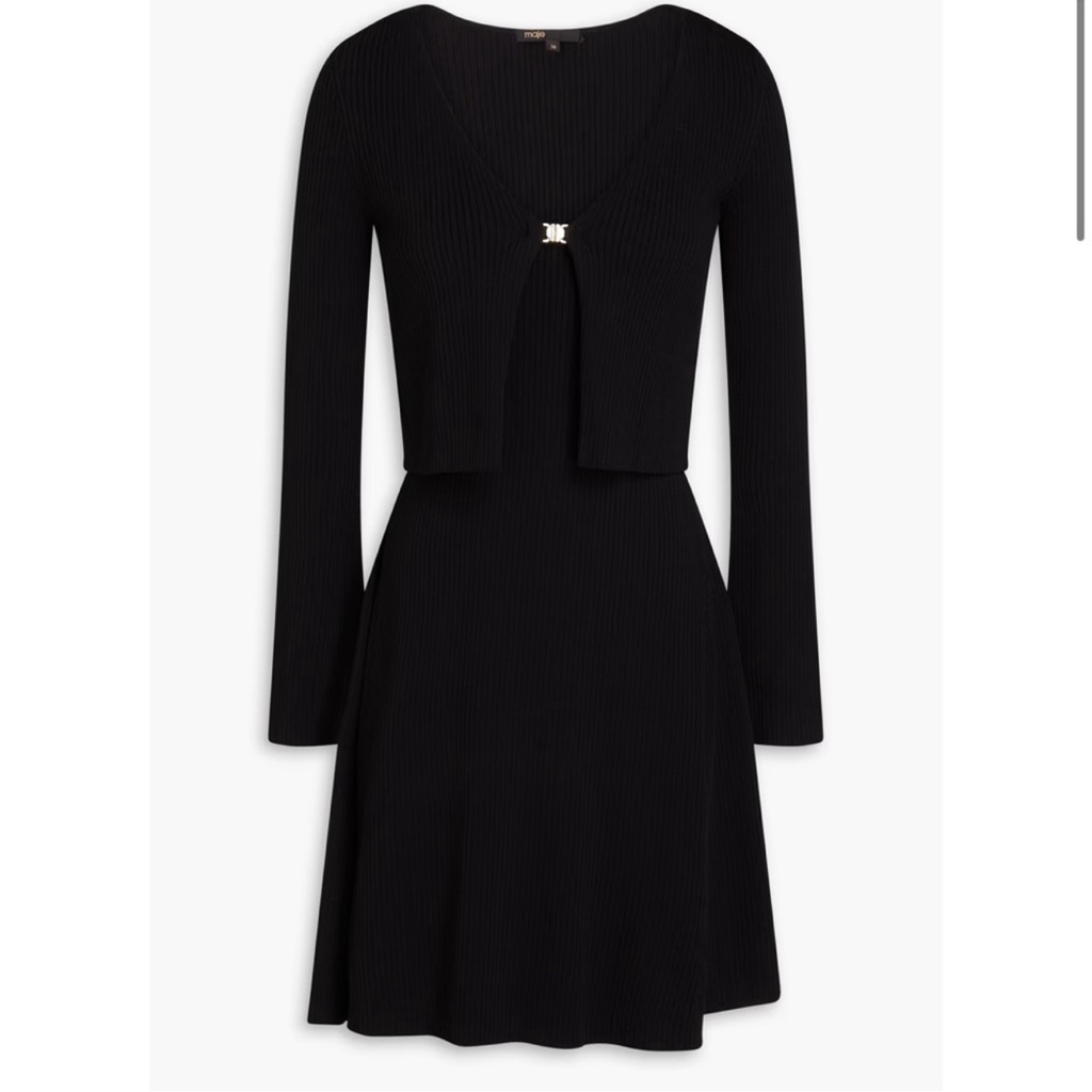 Maje Black Ribbed Knit Dress With Cropped Cardigan